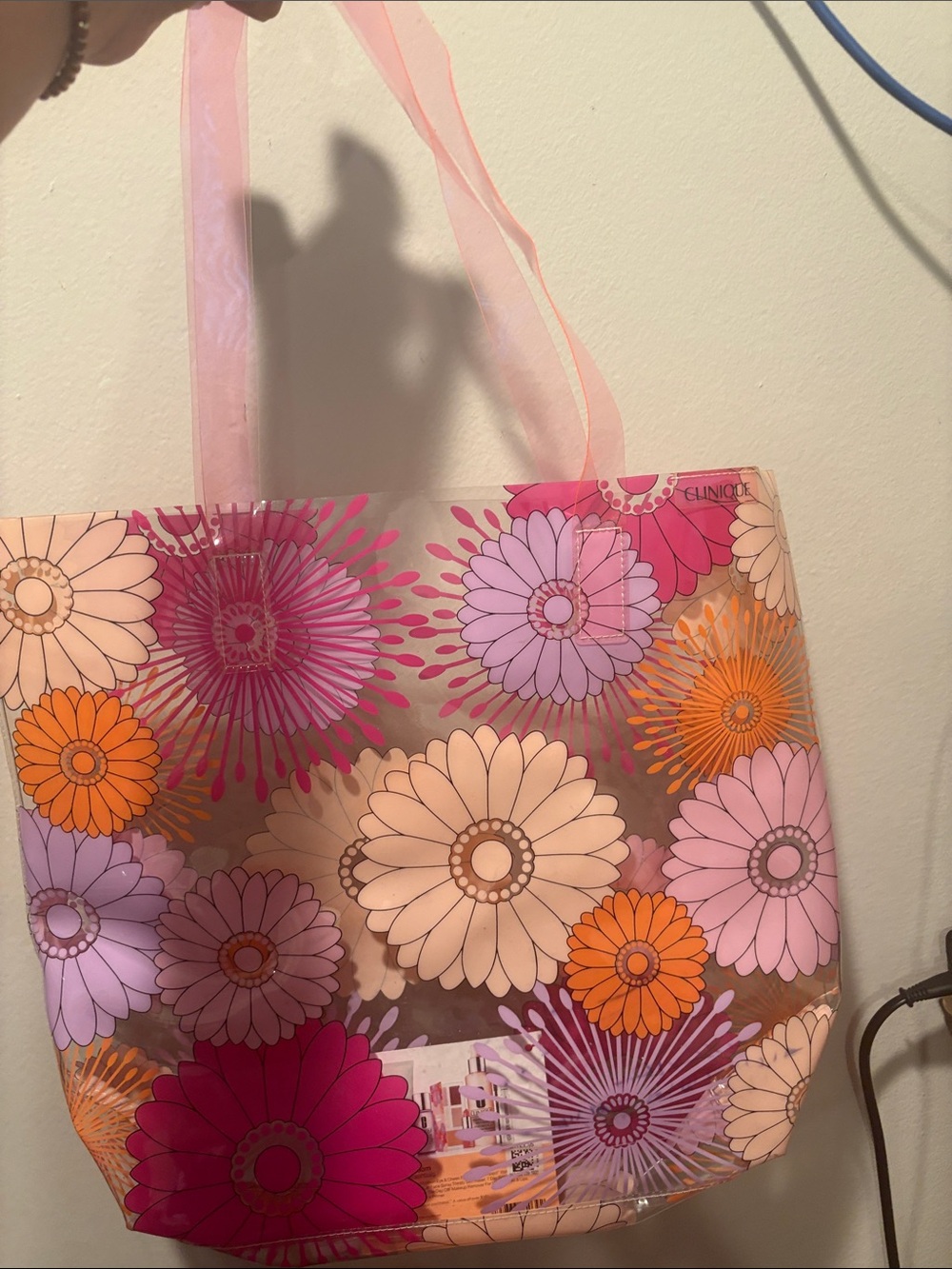 Clinique Pink and Orange Floral Clear Tote
